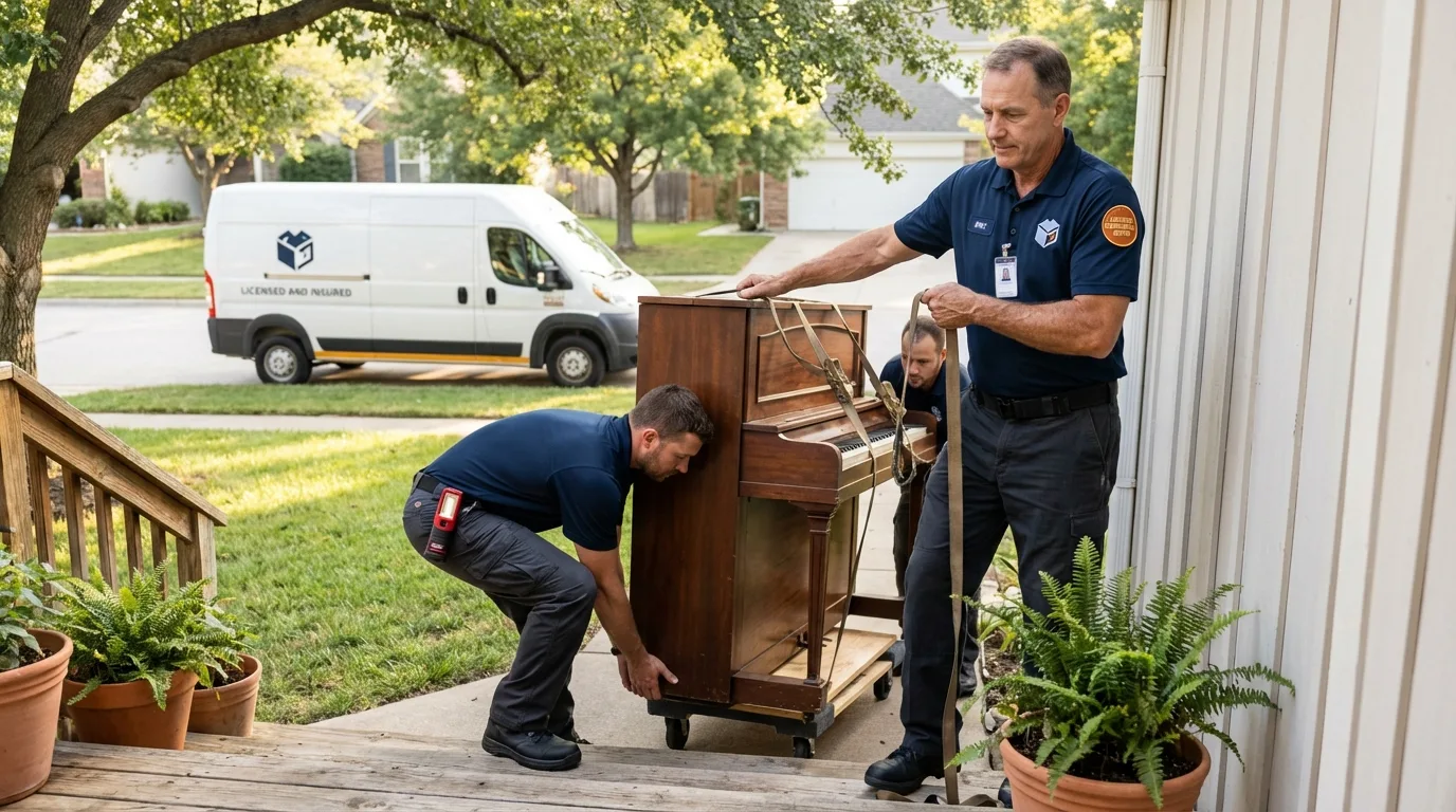 Licensed piano movers securing grand piano in Goddard, KS