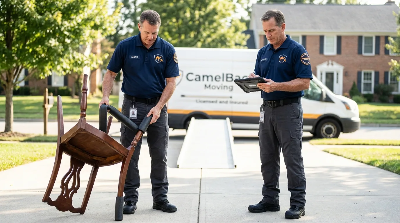 Movers inspecting furniture for damage prevention before loading in Goddard, KS